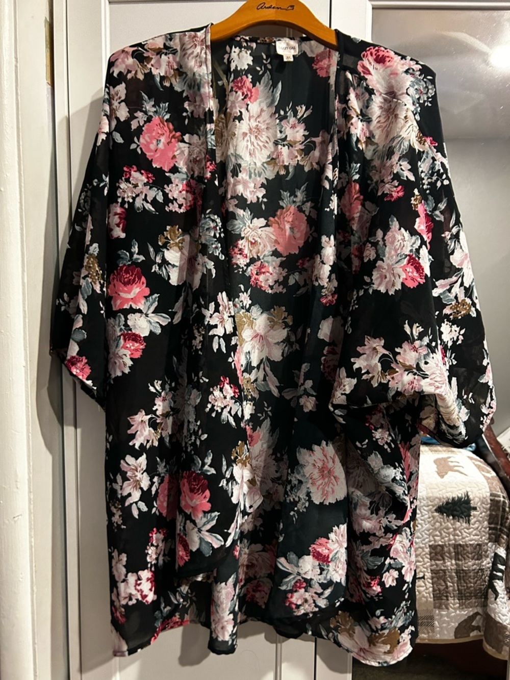 Floral Open-Front Kimono Cardigan - Black with Pink Floral Print